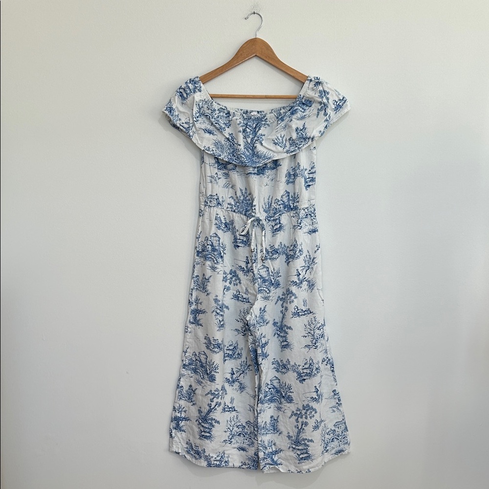 Chloe + Rene Blue Toile Off the Shoulder Linen Jumpsuit Size Small‎